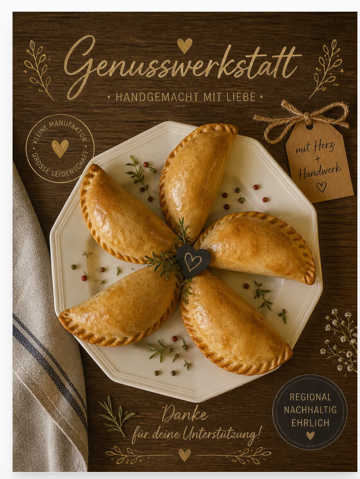 Frisch gefertigte Empanadas aus Diegos Genusswerkstatt, von Hand mit Repulgue verschlossen